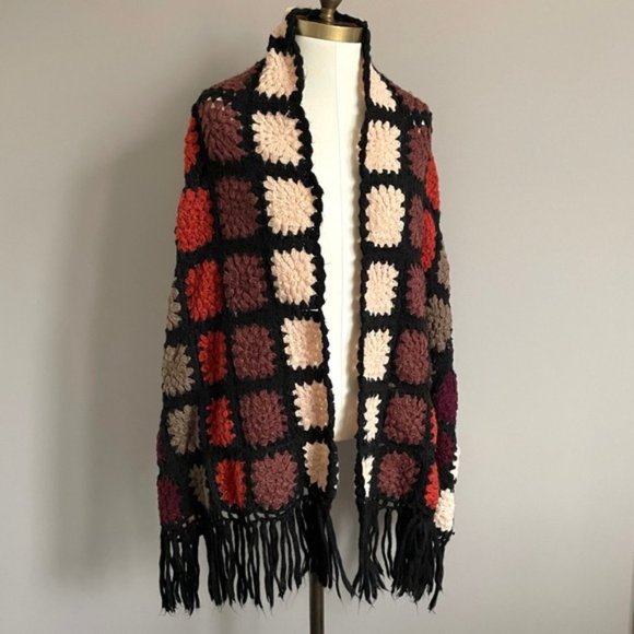 Unbranded Accessories - Crochet Granny Square Knit Rectangular Fringed Shawl Scarf